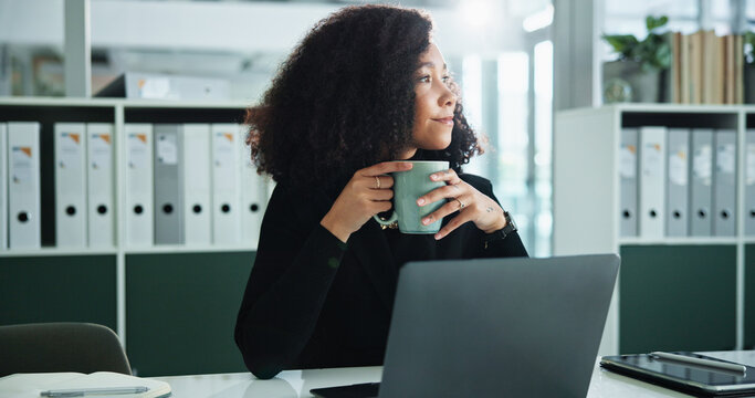 Thinking, laptop and coffee with business woman in office for research, reflection and legal clerk. Lawyer, litigation case and corporate attorney with person in law firm for memory and review