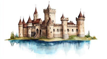 Fototapeta premium Majestic Medieval Castle with Towers and Reflections on a Tranquil Lake in a Watercolor Illustration