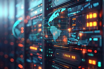 Obraz premium contemporary Global network concept with hardware computer server data center and hologram globe. World internet connection or online communication.