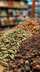 Obraz premium Aromatic Spice Market Abundance: Cardamom, Cloves, Peppercorns and More
