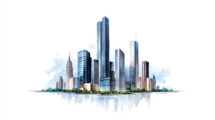 Obraz premium Modern Urban Skyline with Skyscrapers Reflecting in Water on a Clear Day