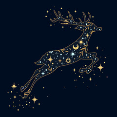 Christmas stars reindeer jumping vector on a blue background. A sparkling postcard. Celebration design for paper, cover, fabric, interior decor and other.