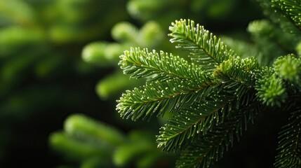 Fototapeta premium Vibrant green pine needles growing on branch in forest