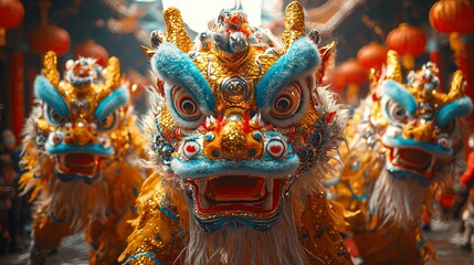 Fototapeta premium Vibrant Golden Dragon Dance Costumes Chinese New Year Celebration Asian Culture