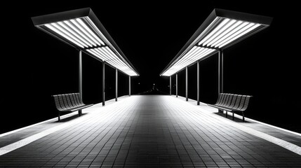 Fototapeta premium A black-and-white photo of a deserted train station at night, illuminated by a single dim light, shadows stretching into the still darkness