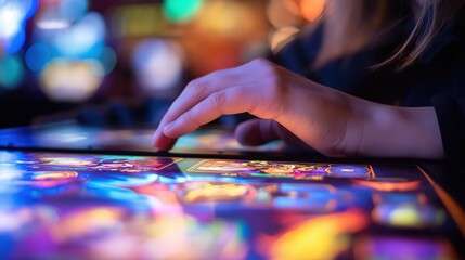 Fototapeta premium Close-up of a hand hovering over the character selection screen in a video game with vivid icons of different characters underneath. The background is blurred to focus attention on the selection