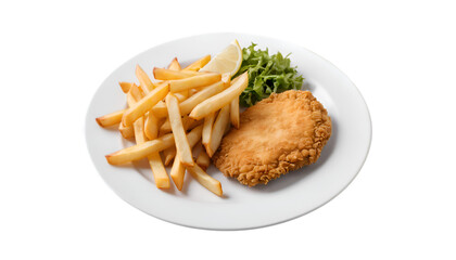 A German schnitzel with fries, lemon and ketchup, isolated on a transparent background