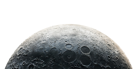 Moon surface with craters and shadows, isolated on transparent cutout background