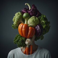 Create a surreal artwork where vegetables replace human features.