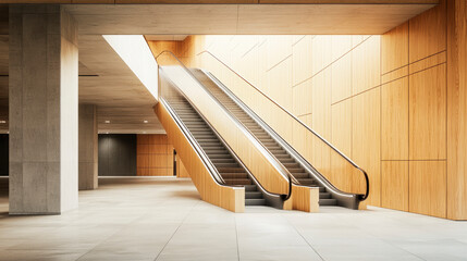 Minimalist empty shopping mall interior with modern escalator.