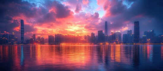 Fototapeta premium Vibrant sunset over a cityscape reflected in calm water.