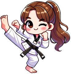 DALL·E 2024-11-17 22.30.38 - A cute and vibrant illustration of a young woman practicing Taekwondo in a chibi cartoon style. She is wearing a traditional white Taekwondo uniform w copy