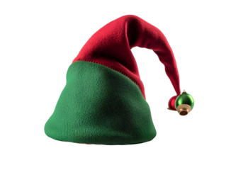 Red and green elf hat with small bells and a curved top on a white background. PNG transparent.