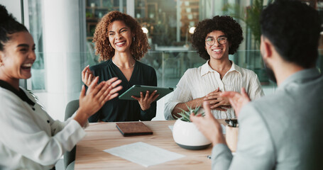 Business people, applause and meeting with team, startup or celebration with success for agreement...