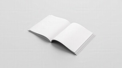 Open landscape magazine mockup with blank pages and realistic folds, surrounded by soft lighting and a neutral background for a professional presentation