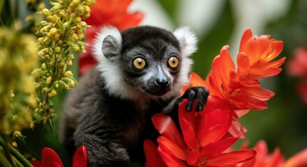 Obraz premium Curious lemur among vibrant orange flowers in lush greenery