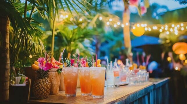 Tropical festive party with bright tiki decor, palm trees, fruity cocktails, and upbeat music energizing the scene