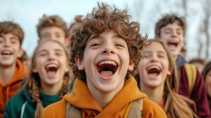 Fototapeta premium The closeup portrait captures a group of young students, their faces beaming with joy and enthusiasm, exuding a contagious energy and excitement that is palpable through the screen.