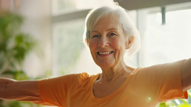 An elderly woman practicing Zumba in a bright fitness studio, full of energy and excitement
