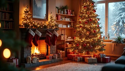 Fototapeta premium Cozy Christmas Fireplace: A warm and inviting fireplace glows with festive cheer, surrounded by a decorated Christmas tree and presents, creating a magical winter wonderland. 