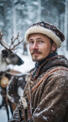 Fototapeta premium A Sami Man in the Snow, Portrait of a reindeer herder in traditional Sami clothing, during a winter snowfall.