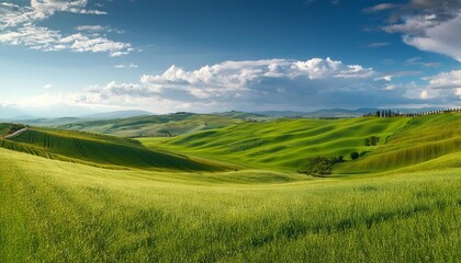 Fototapeta premium Green meadow stretches towards the blue sky, a picturesque rural landscape