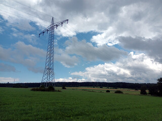 Strommast mit Stromleitungen in der Natur auf einer Wiese mit einem Wald im Hintergrund in der...