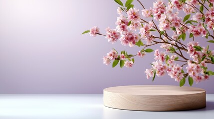A blank pedestal mockup display with an empty podium, designed for showcasing fashion ads and cosmetic products on a minimal light purple background
