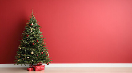 &Aacute;rbol de Navidad decorado con luces c&aacute;lidas y adornos rojos y dorados, acompa&ntilde;ado de regalos envueltos en papel rojo sobre fondo rojo minimalista.