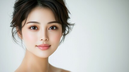 Fototapeta premium The portrait captures a stunning Asian woman with flawless skin as she gazes directly into the camera, bathed in soft studio light against a clean white background.