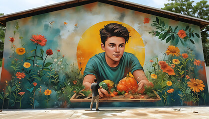 Youths painting murals promoting nature and creativity, showcasing vibrant mural of young man surrounded by flowers and fruits, reflecting artistic expression and community engagement