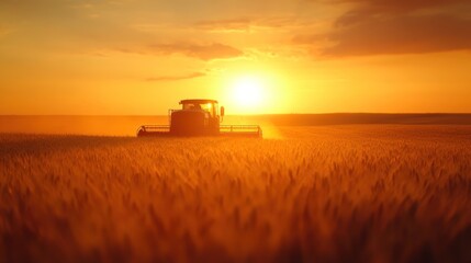 Fototapeta premium A combine harvester works in a golden wheat field at sunset, symbolizing agricultural productivity.