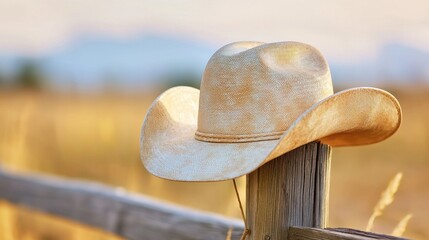 A weathered cowboy hat hangs on a wooden fence post, casting a long shadow in the warm glow of the setting sun. The rustic backdrop of the rural landscape adds a touch of nostalgia to the scene.