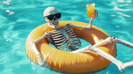 Skeleton Relaxing In Pool With Drink