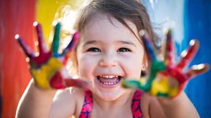 funny child girl draws laughing shows hands dirty with paint