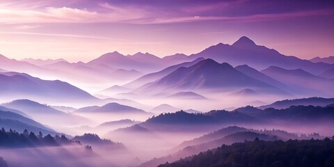 Fototapeta premium Serene Misty Mountains at Sunrise Layers of Purple Hues and Rolling Hills