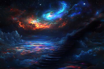 Fototapeta premium Glowing Celestial Landscape with Staircase Floating on Serene Waters