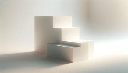 Poduims A minimalist composition with three white prisms stacked unevenly, with soft, diffused lighting and 3