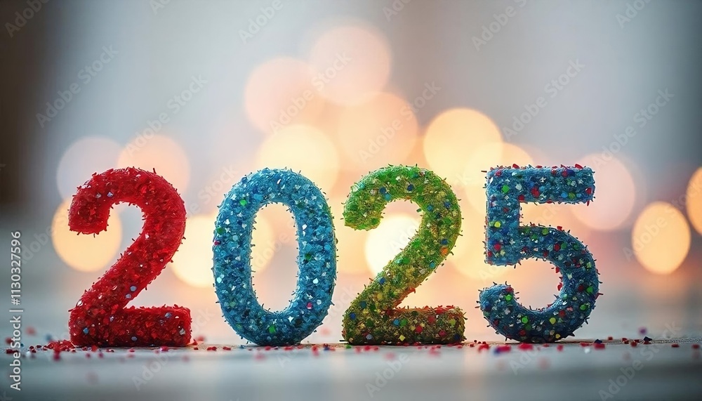 Fototapete Happy New Year 2025,  a view of the numbers 2025 made of colorful glitter or sequins on a blurred background with bokeh lights, banner, poster, created with generativae ai