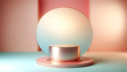 Poduims A cylindrical pedestal podium with a glossy finish, set against a soft pastel gradient studio backgr3