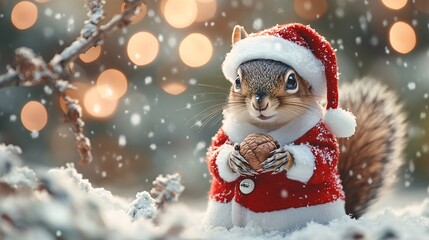Adorable squirrel in Santa clothes, holding a festive acorn by a snow-dusted tree, perfect for charming holiday cards and seasonal promotions.