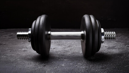 Obraz premium Black dumbbell on dark stone textured floor. Exercise equipment and fitness concept.