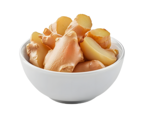 Pickled ginger in a white bowl, fully visible on a white background. PNG transparent.