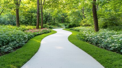 Obraz premium The serene pathway winds through a lush green forest, with towering trees casting dappled shadows on the vibrant flowers that line the path