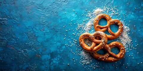 Delicious salted pretzels on a textured blue background