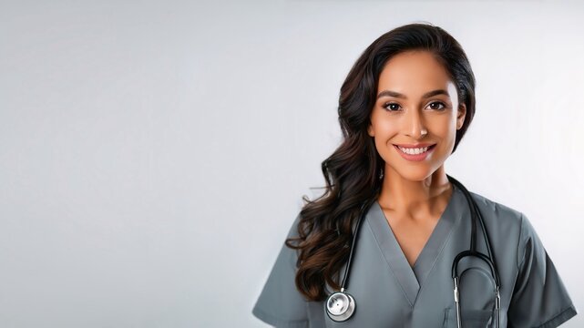 A smiling nurse in grey scrubs, conveying warmth and empathy. Perfect for promoting patient care, wellness, and hospital services.