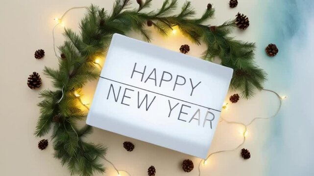 Happy New Year 2025,  A white lightbox with the text HAPPY NEW YEAR surrounded by pine branches, pine cones, and string lights on a light background, banner, poster, created with generativae ai