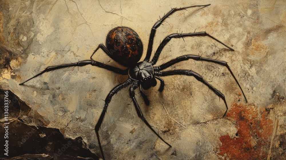 Poster a detailed depiction of a spider on a textured surface, showcasing its intricate features.