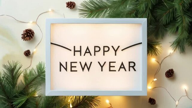 Happy New Year 2025,  A white lightbox with the text HAPPY NEW YEAR surrounded by pine branches, pine cones, and string lights on a light background, banner, poster, created with generativae ai