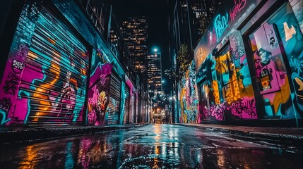 Mesmerizing Neon Lit Alley with Colorful Graffiti and Reflections in Puddles on a Rainy Night